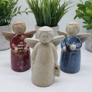 Ceramic or Pottery Red Cream Blue Vintage 3pc Angel Set